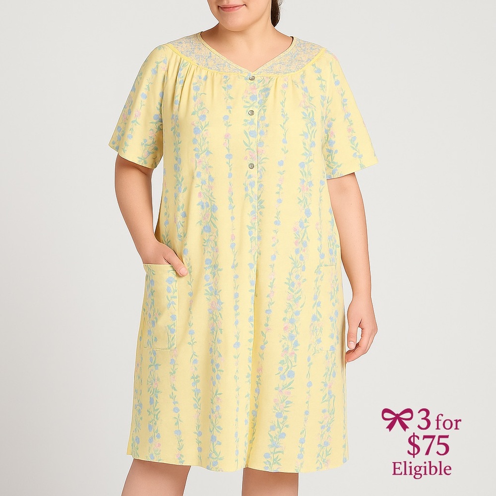 VTG CASUAL NIGHTS Yellow Floral Quilted Yoke House Dress Snap Front 2X Pockets